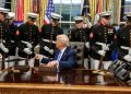 President Donald J. Trump Welcomes The Elite Marine Corps Silent Drill Platoon To The Oval Office, Personally Presenting Each Member With A Presidential Challenge Coin On September 25, 2025. Photo/ White House.