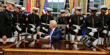 President Donald J. Trump Welcomes The Elite Marine Corps Silent Drill Platoon To The Oval Office, Personally Presenting Each Member With A Presidential Challenge Coin On September 25, 2025. Photo/ White House.