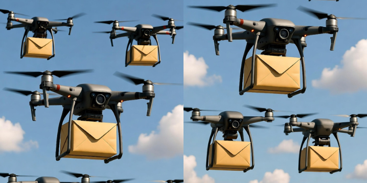 A photo of drones carrying packages.