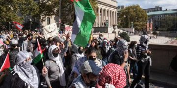 Palestinian Rights Demonstrators March Through Columbia University On Oct. 7, 2024, Marking One Year Of The War Between Hamas And Israel. Kena Betancur/Afp