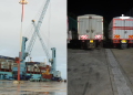 Containers Stacked Up At The Port Of Mombasa And A Photo Of Trucks At The Namanga Border.