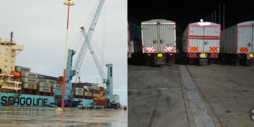 Containers Stacked Up At The Port Of Mombasa And A Photo Of Trucks At The Namanga Border.