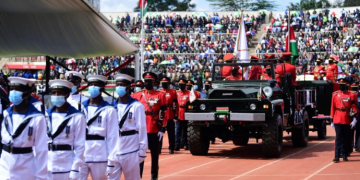 The Casket Carrying The Remains Of Former Kenyan President Mwai Kibaki Arrives In His Cortege For His Memorial Service At The Nyayo National Stadium In Nairobi On April 29, 2022.