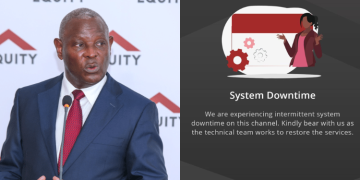 A photo collage of Equity Bank Group CEO James Mwangi and System downtime message PHOTO/Equity Bank Kenya