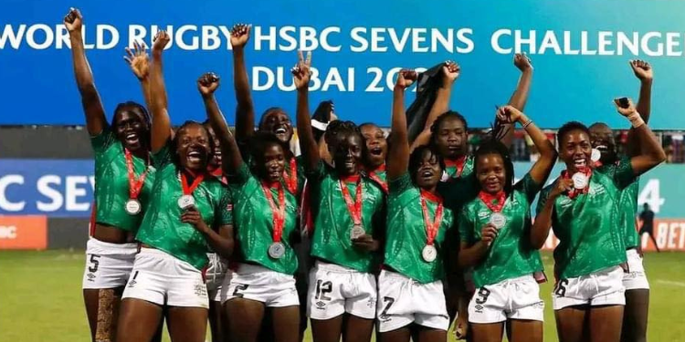 A photo of the Kenya Lionesses rugby team celebrating their victory at the World Rugby HSBC Sevens. PHOTO/Kenya Lionesses
