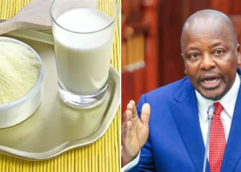 A Collage Photo Of Agriculture Cabinet Secretary Mutahi Kagwe And Milk Powder. Photo/Kagwe