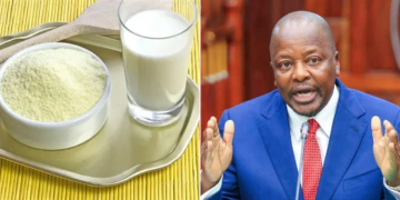 A collage photo of Agriculture Cabinet Secretary Mutahi Kagwe and milk powder. PHOTO/Kagwe